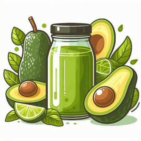 Avocado smoothie in glass jar with avocado slices and leaves. Vector illustrationのイラスト素材