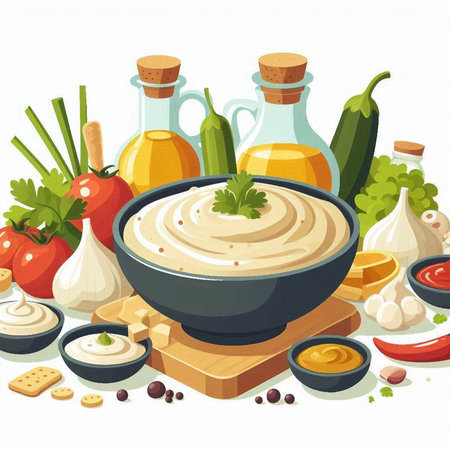 Vector illustration of hummus in bowl and ingredients for cooking. Healthy food.のイラスト素材