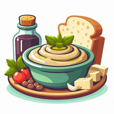 Bowl of hummus with olive oil, herbs and spices. Vector illustration.のイラスト素材