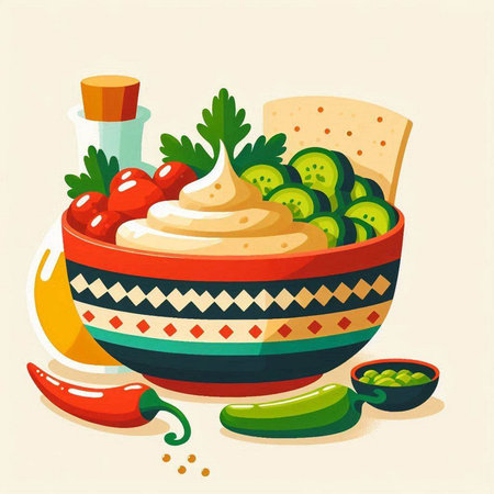 Bowl of hummus with vegetables and olive oil. Vector illustration.のイラスト素材
