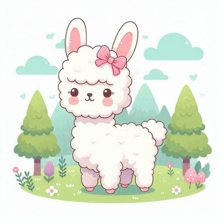 Illustration of a Cute Alpaca and a Little Llamaのイラスト素材