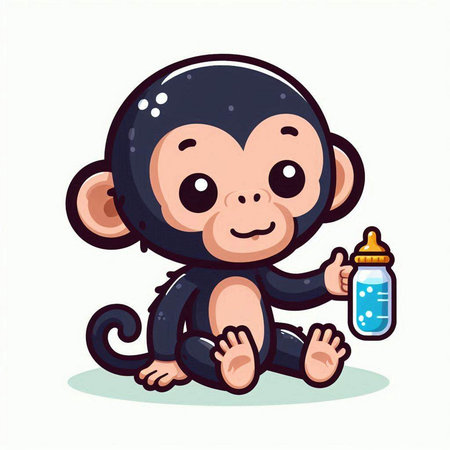 Cute cartoon monkey sitting and holding baby bottle. Vector illustration.のイラスト素材
