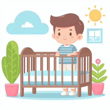 Cute little boy standing in the crib. Vector cartoon illustration.のイラスト素材