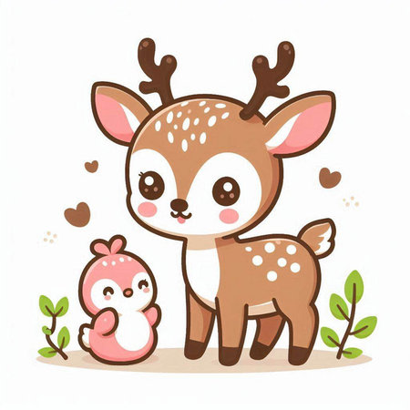 Cute cartoon deer with her baby. Vector illustration on white background.のイラスト素材