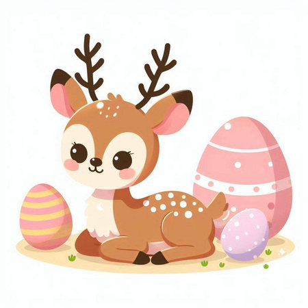 Cute cartoon deer with easter eggs on white background. Vector illustration.のイラスト素材