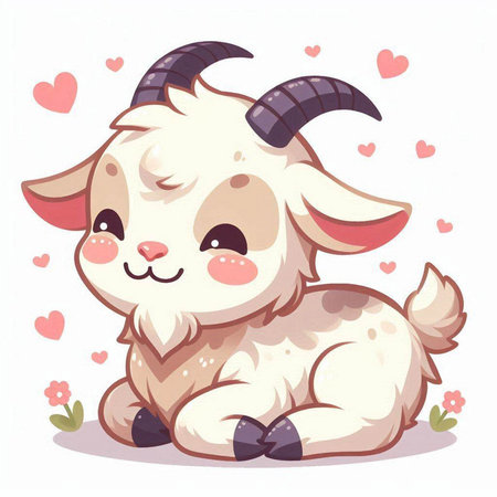 Vector illustration of a cute cartoon goat sitting on the ground surrounded by heartsのイラスト素材