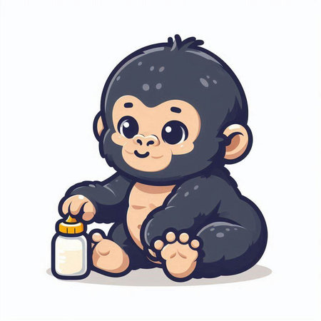 Cute little monkey with a bottle of milk. Vector illustration.のイラスト素材