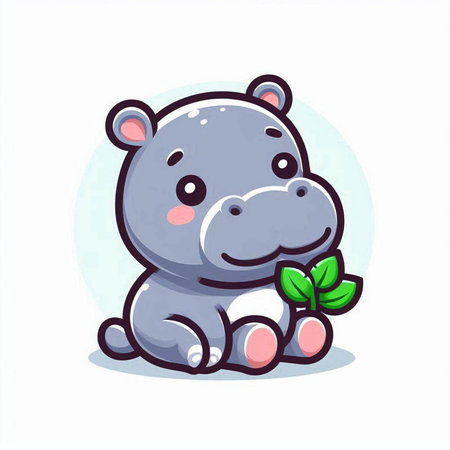 Cute hippo sitting and holding green leaves. Vector illustration.のイラスト素材