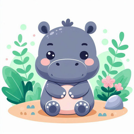 Cute hippo sitting on the sand in the jungle. Vector illustration.のイラスト素材