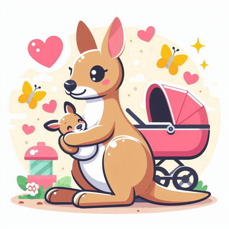 Kangaroo with a baby in a pram. Vector illustrationのイラスト素材