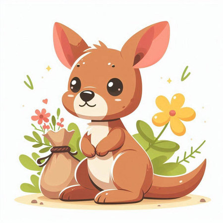 Cute kangaroo with a bag of flowers. Vector illustration.のイラスト素材