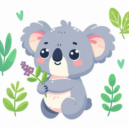 Cute cartoon koala with flowers and leaves. Vector illustration.のイラスト素材