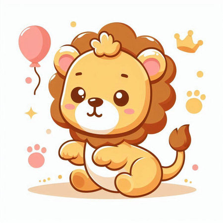 Cute cartoon lion sitting on the floor with balloons. Vector illustration.のイラスト素材