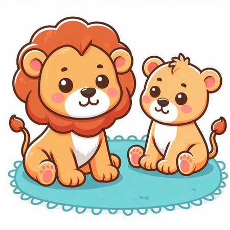 Cute Lion and lioness sitting on the floor. Vector illustration.のイラスト素材