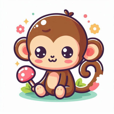 Cute little monkey sitting on the grass. Vector illustration isolated on white background.のイラスト素材