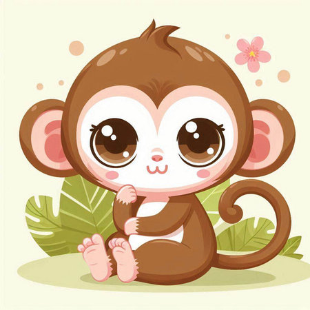 Cute cartoon monkey sitting on the green leaves. Vector illustration.のイラスト素材