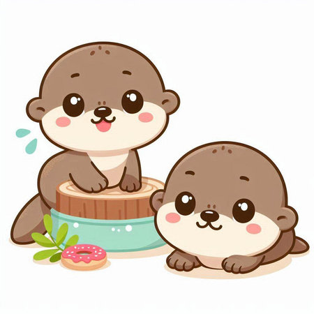 Cute little otter and hamster with a bowl of foodのイラスト素材