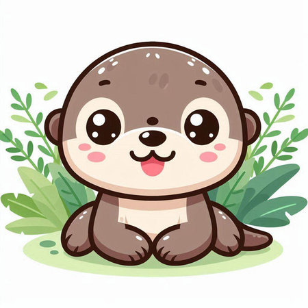 Cute baby otter sitting on the grass. Vector illustration.のイラスト素材