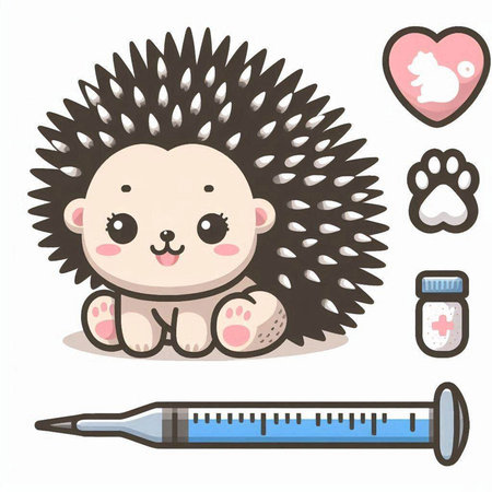 Cute cartoon hedgehog with a thermometer and a syringe.のイラスト素材