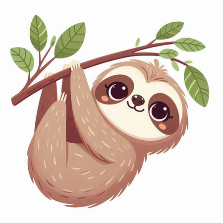 Cute cartoon sloth hanging on a branch. Vector illustration.のイラスト素材