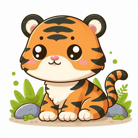 Cute tiger sitting on the ground and smiling. Vector illustration.のイラスト素材