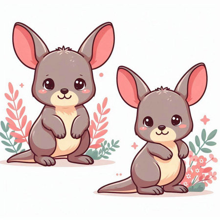 Cute cartoon kangaroos with flowers on a white backgroundのイラスト素材