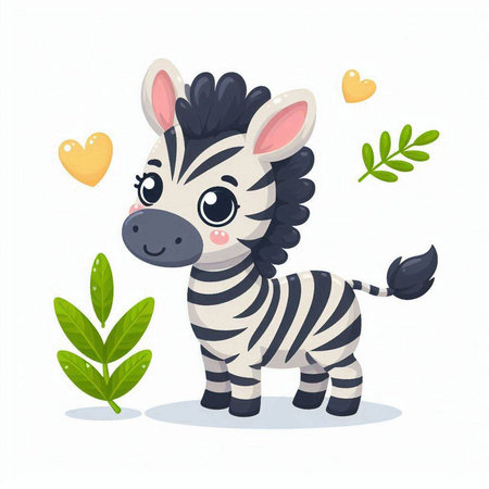 Cute baby zebra with hearts and leaves on white background.のイラスト素材