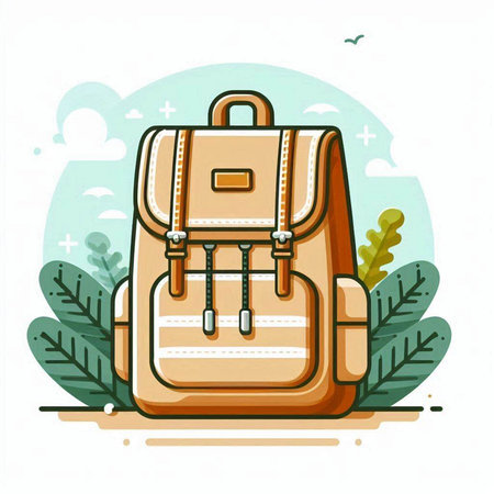 Vector illustration of a backpack on a background of nature. Flat style.のイラスト素材