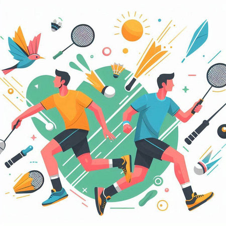 Badminton players in action. Vector illustration in flat style.のイラスト素材