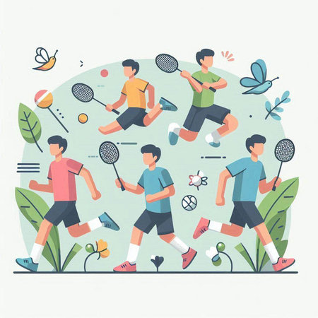 Flat vector illustration of people playing badminton. Young men playing badminton.のイラスト素材