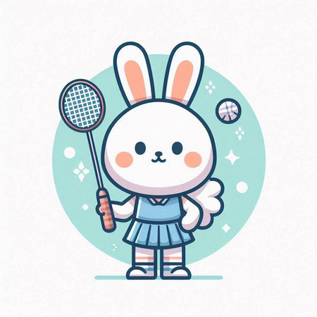 Cute bunny with badminton racket and ball. Vector illustration.のイラスト素材
