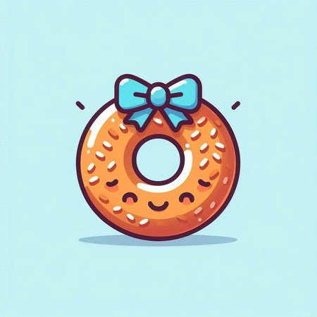 Cute donut with a bow on a blue background. Vector illustration.のイラスト素材