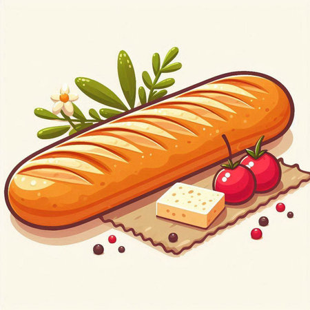 Vector illustration of a loaf of bread with cheese, herbs and tomatoesのイラスト素材