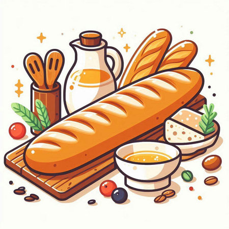 Baguette bread and ingredients for cooking. Vector illustration in cartoon style.のイラスト素材