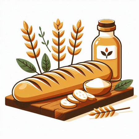 Illustration of bread and wheat on wooden board. Vector illustration.のイラスト素材