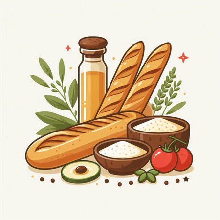 Baguette, baguette, bread, olive oil, tomato, pepper, olive branch, olives. Vector illustration.のイラスト素材