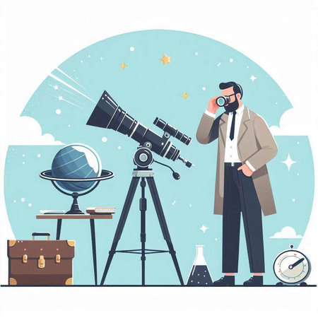 Vector illustration of a man with binoculars, telescope and globe.のイラスト素材
