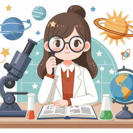 Girl doing science research with microscope and books. Vector Illustration.のイラスト素材