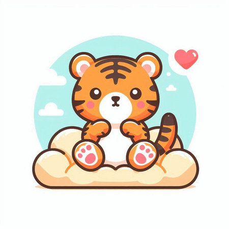 Cute tiger sitting on a cloud. Vector illustration in cartoon style.のイラスト素材