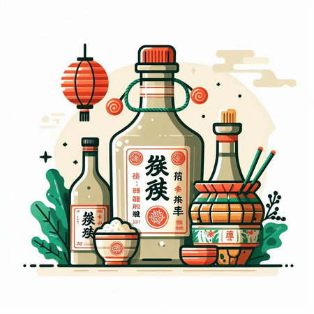 Chinese New Year greeting card with bottle of soy sauce, rice and chopsticksのイラスト素材