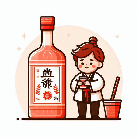 Chinese New Year greeting card with cute cartoon boy drinking red wine. Vector illustration.のイラスト素材
