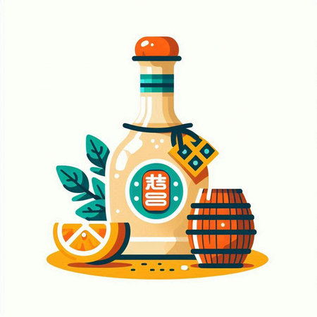 Vector illustration of a bottle with Chinese hieroglyphs and plants.のイラスト素材