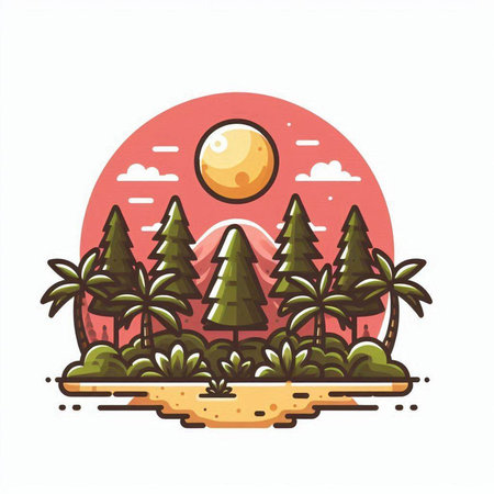 Tropical island with palm trees and sun. Vector illustration.のイラスト素材