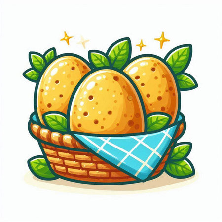 Illustration of Easter eggs in a basket on a white background.のイラスト素材