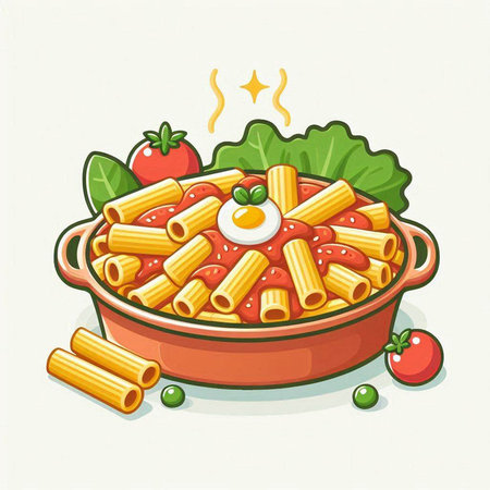 Illustration of a bowl of penne pasta with tomato sauce and eggのイラスト素材