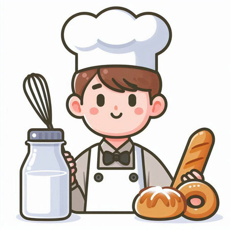 Cute chef boy with bread and milk bottle. Vector illustration.のイラスト素材