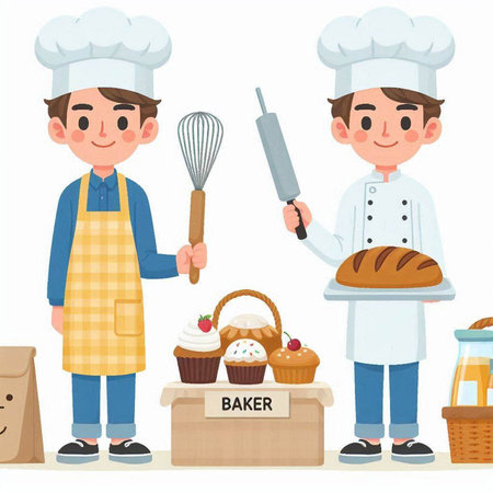 Vector illustration of a boy chef and baker in uniform with a set of bakery products.のイラスト素材