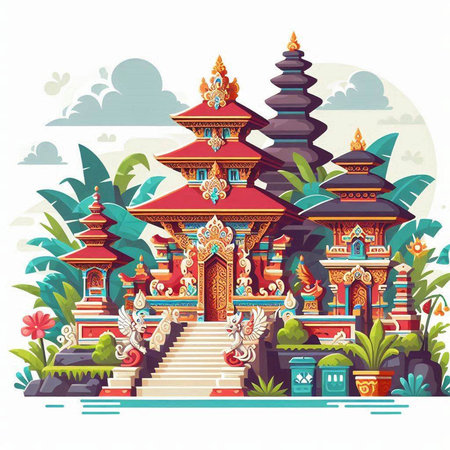Buddhist temple. Colorful vector illustration in flat style.のイラスト素材