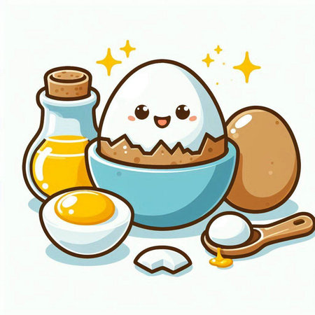 Cute cartoon illustration of boiled egg with ingredients for cooking. Vector.のイラスト素材
