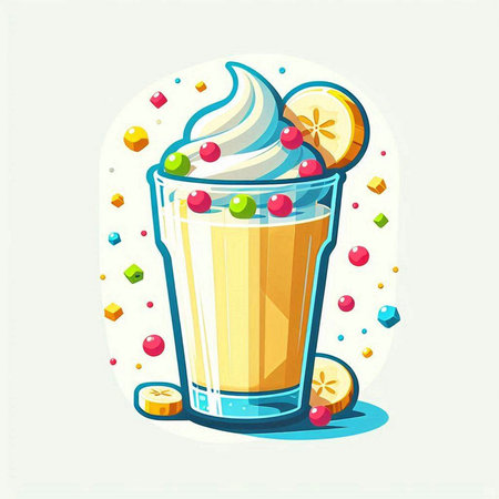 Illustration of a glass of milkshake with whipped cream, orange and candiesのイラスト素材